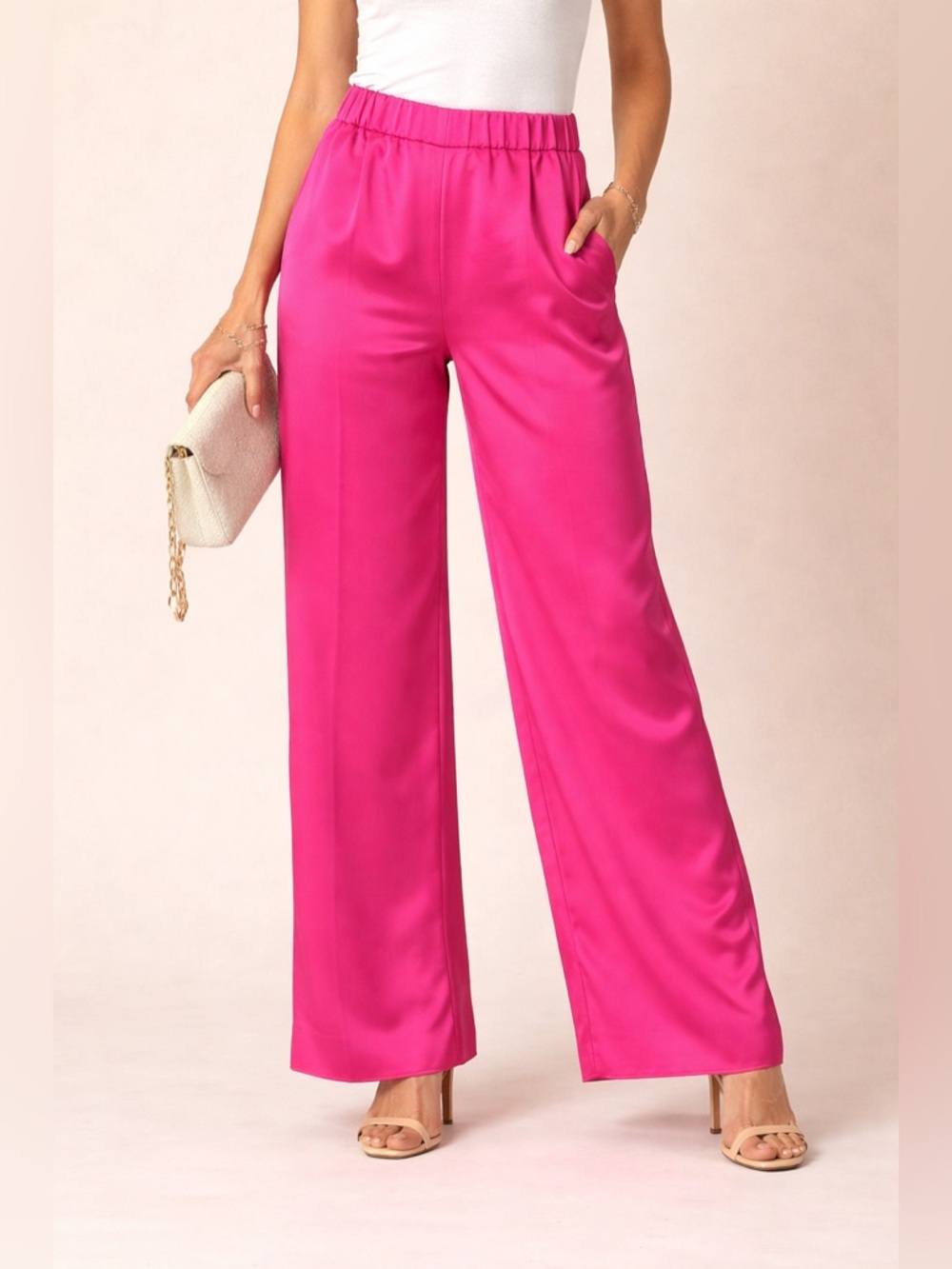 Banana Republic Fuchsia Satin Wide Leg Pants |High Waist |Statement Chic |Size M - Picture 2 of 9